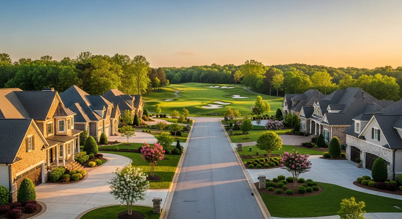 Aerial view of River Run neighborhood in Davidson NC showing residential homes near Lake Norman watershed with mature landscaping