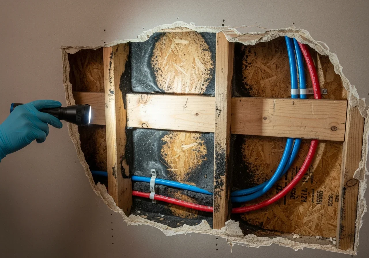 Hidden mold discovered inside a wall cavity during renovation in a Davidson NC home showing extensive colonization behind drywall that was not visible from the living space