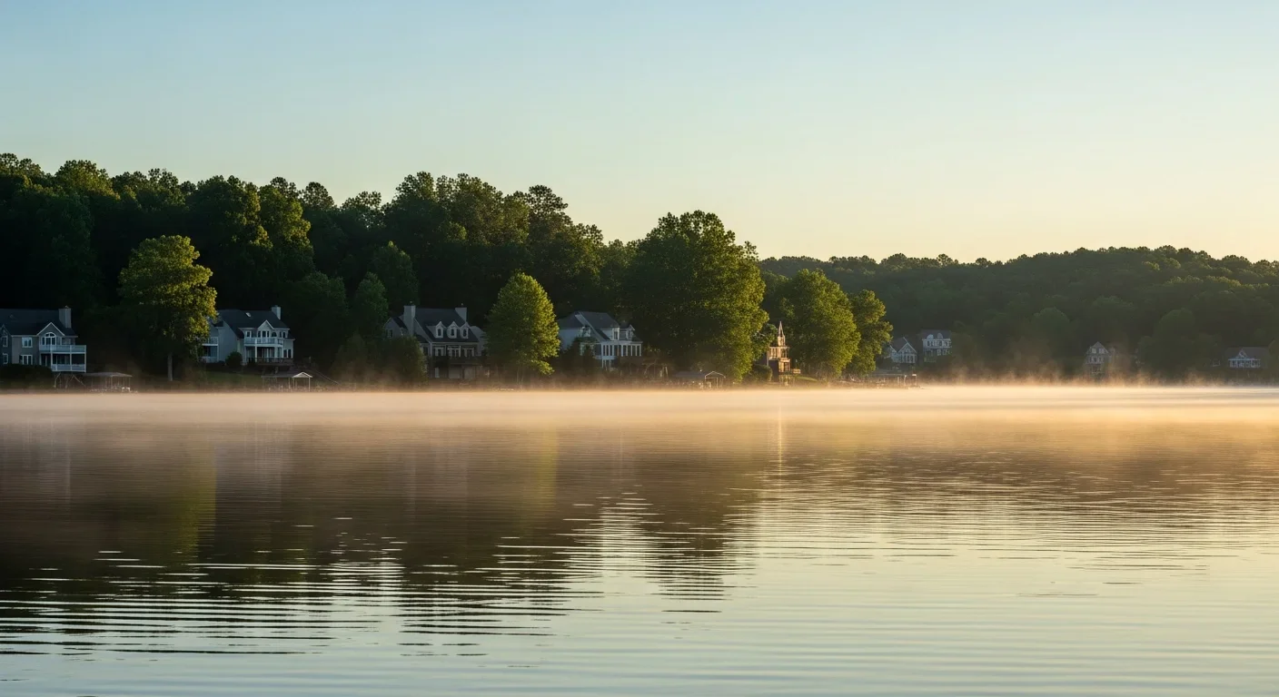 Lake Davidson in Davidson NC on a misty morning with residential properties visible along the shoreline and fog rising from 341 acres of water