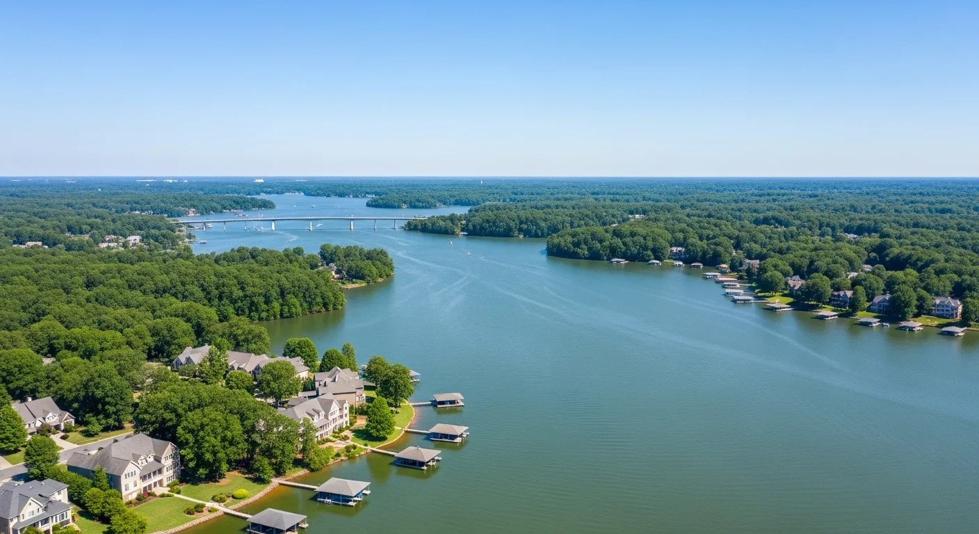 Aerial view of Lake Norman near Davidson NC showing 32,000 acres of open water with residential communities along the eastern shore