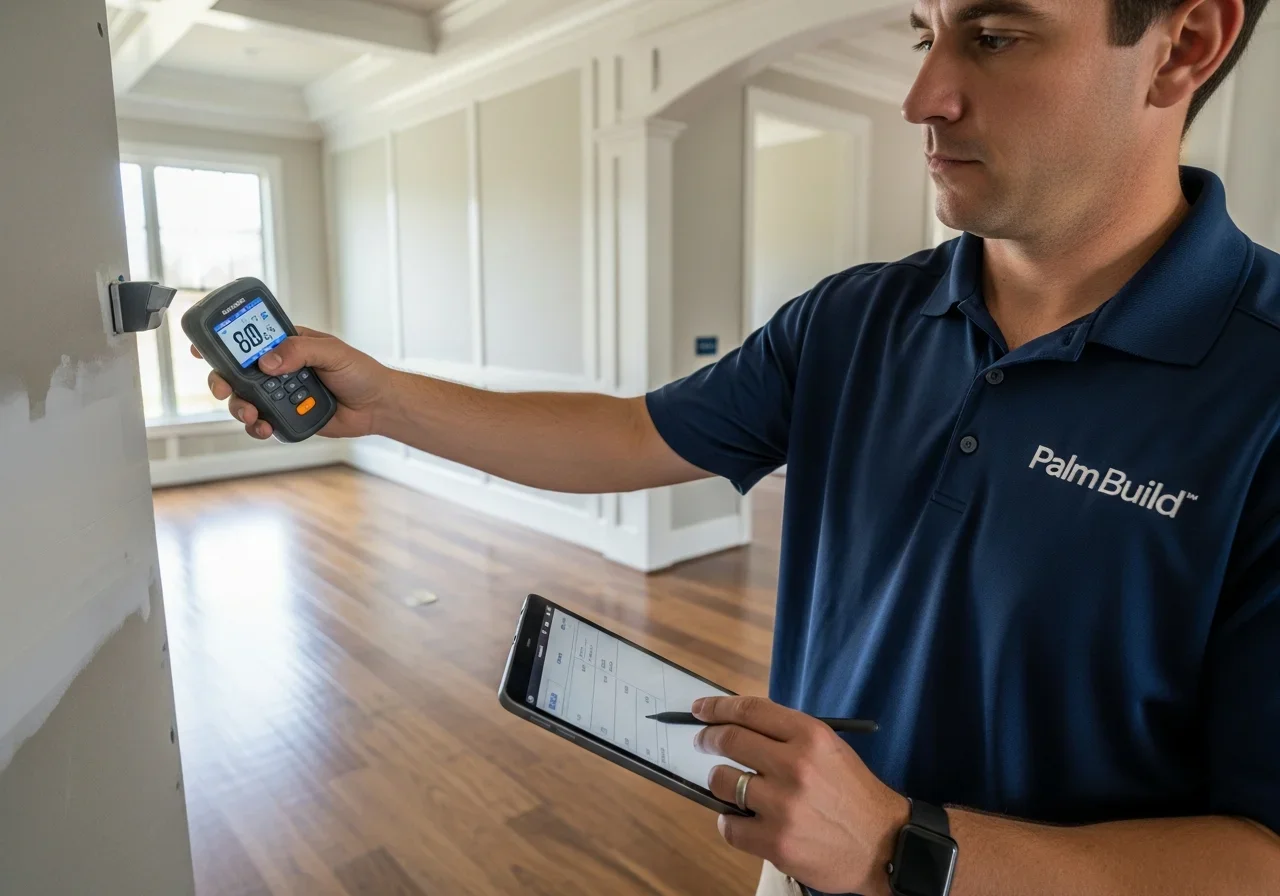Palm Build technician using a moisture meter to inspect walls for hidden water damage in a Davidson NC home near Lake Norman