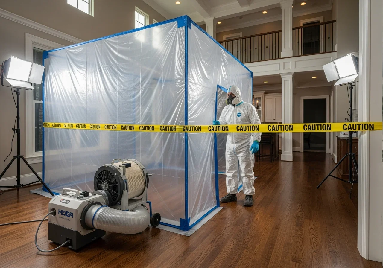 Professional mold remediation containment setup in a Davidson NC home with poly sheeting barriers negative air machines and HEPA filtration to prevent cross-contamination