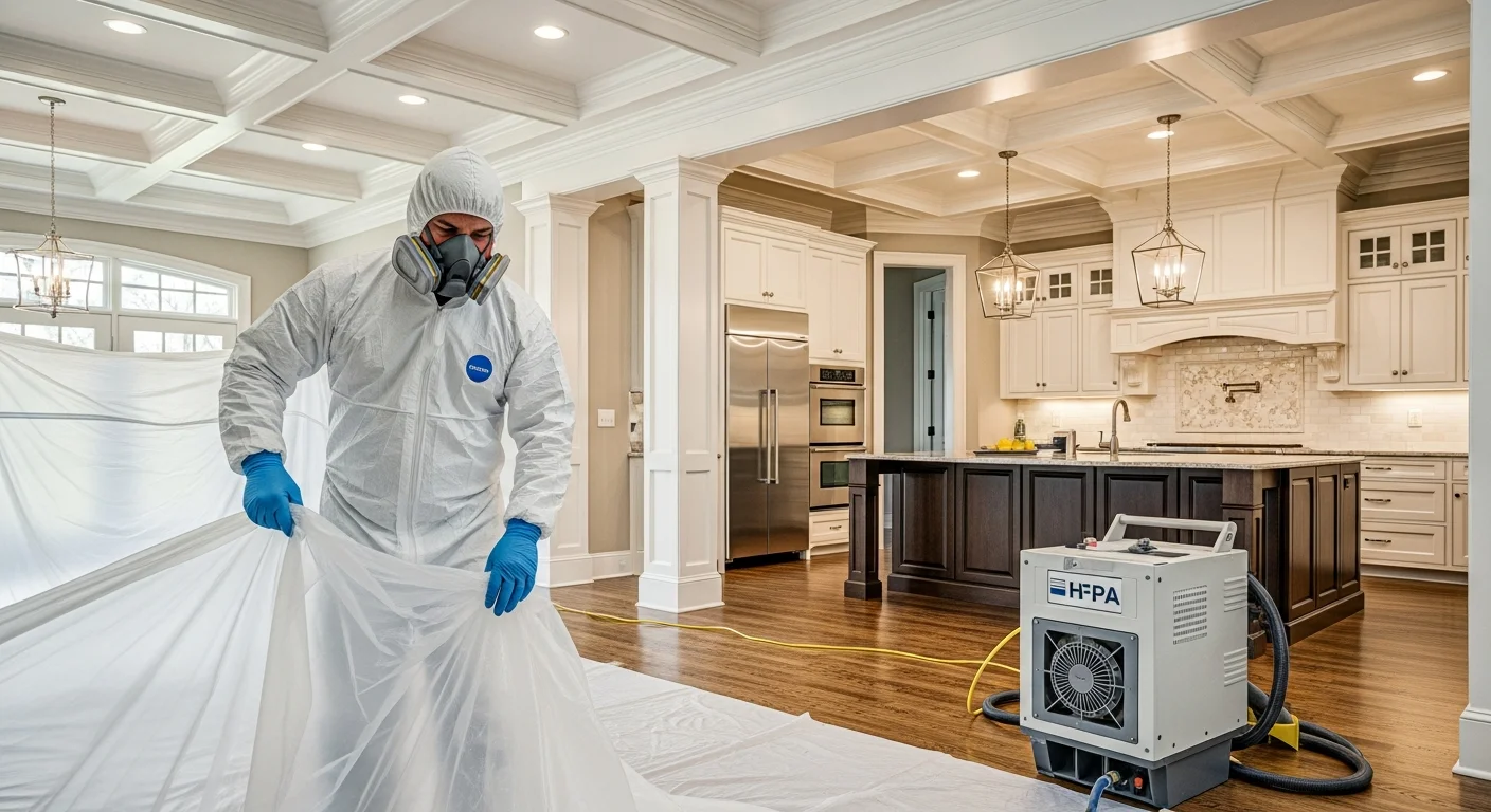 Palm Build mold remediation technician in full PPE setting up containment inside an upscale Davidson North Carolina home with premium finishes near Lake Norman