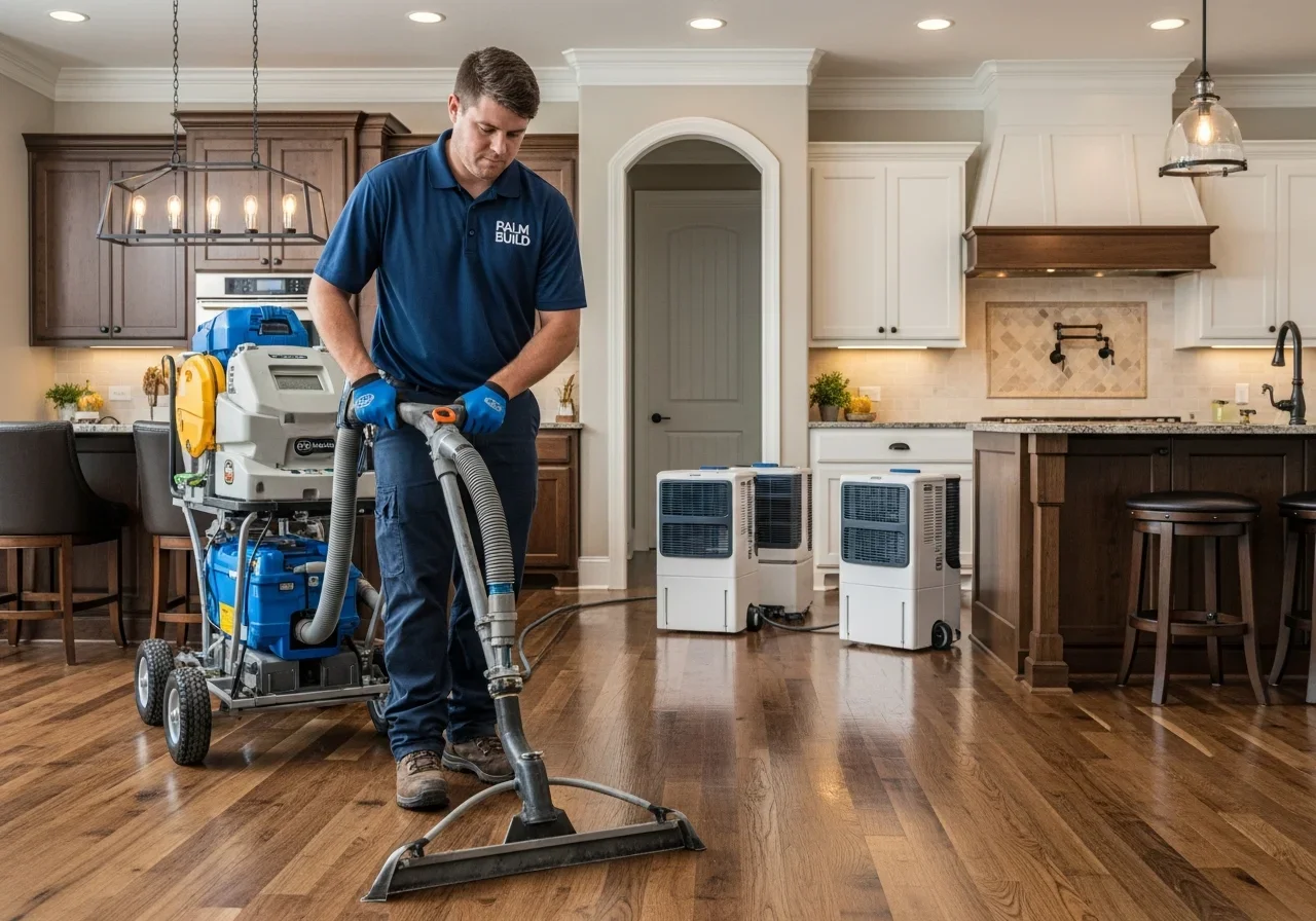 Palm Build technician performing emergency water extraction in a Davidson NC home near Lake Norman with commercial equipment