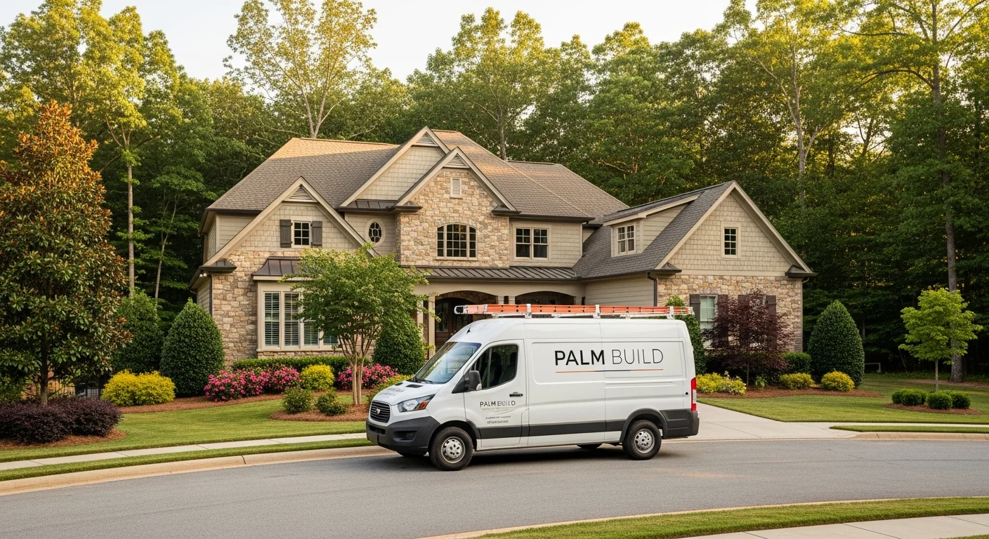 Palm Build restoration truck in the driveway of an upscale Davidson North Carolina home with stone and siding facade and wooded lot near Lake Norman