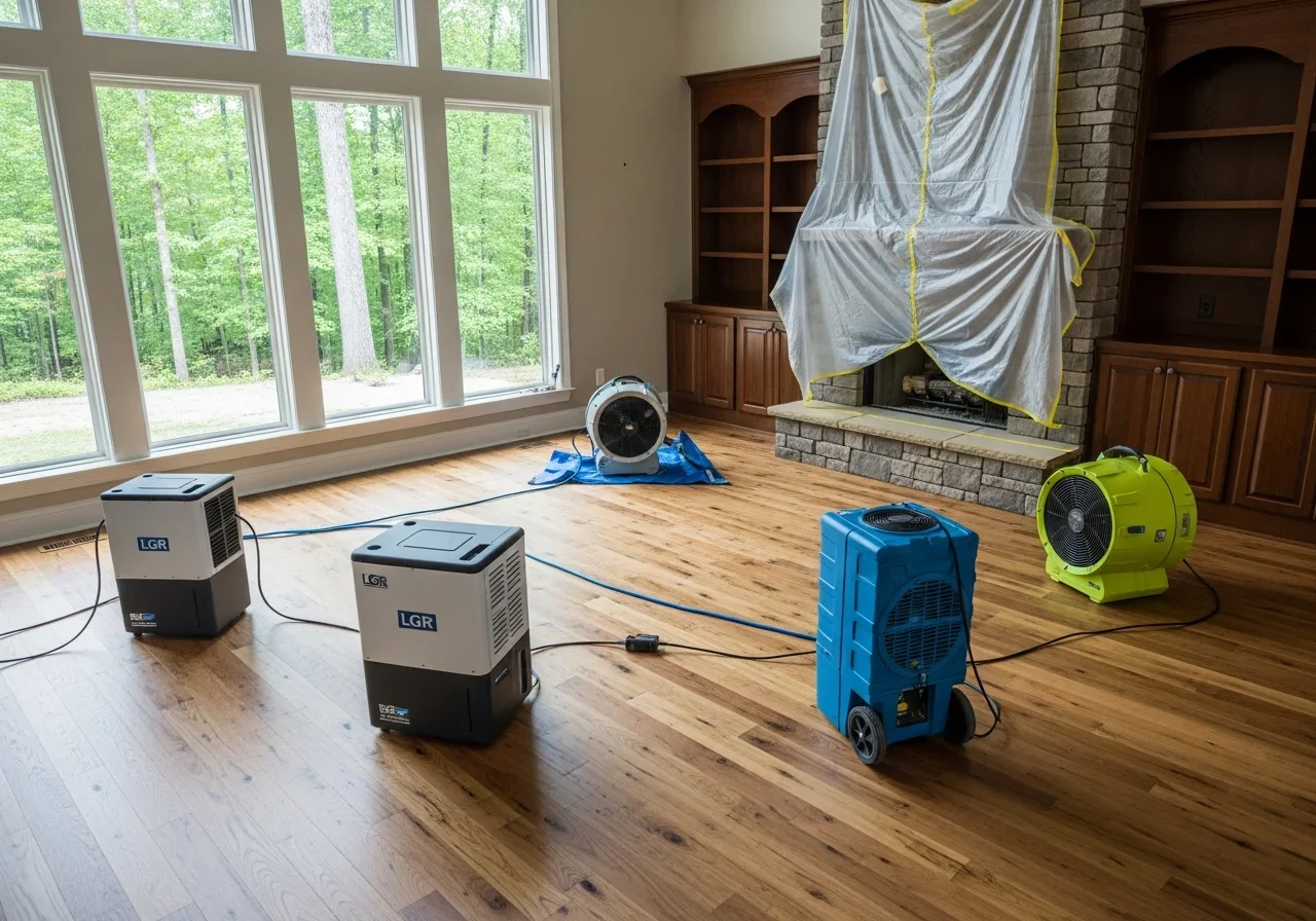 Commercial structural drying equipment deployed in a Davidson NC home near Lake Norman with LGR dehumidifiers and high-velocity air movers