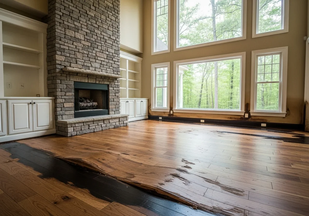 Water damage to hardwood floors in a Davidson NC home showing warping and buckling from moisture intrusion near Lake Norman