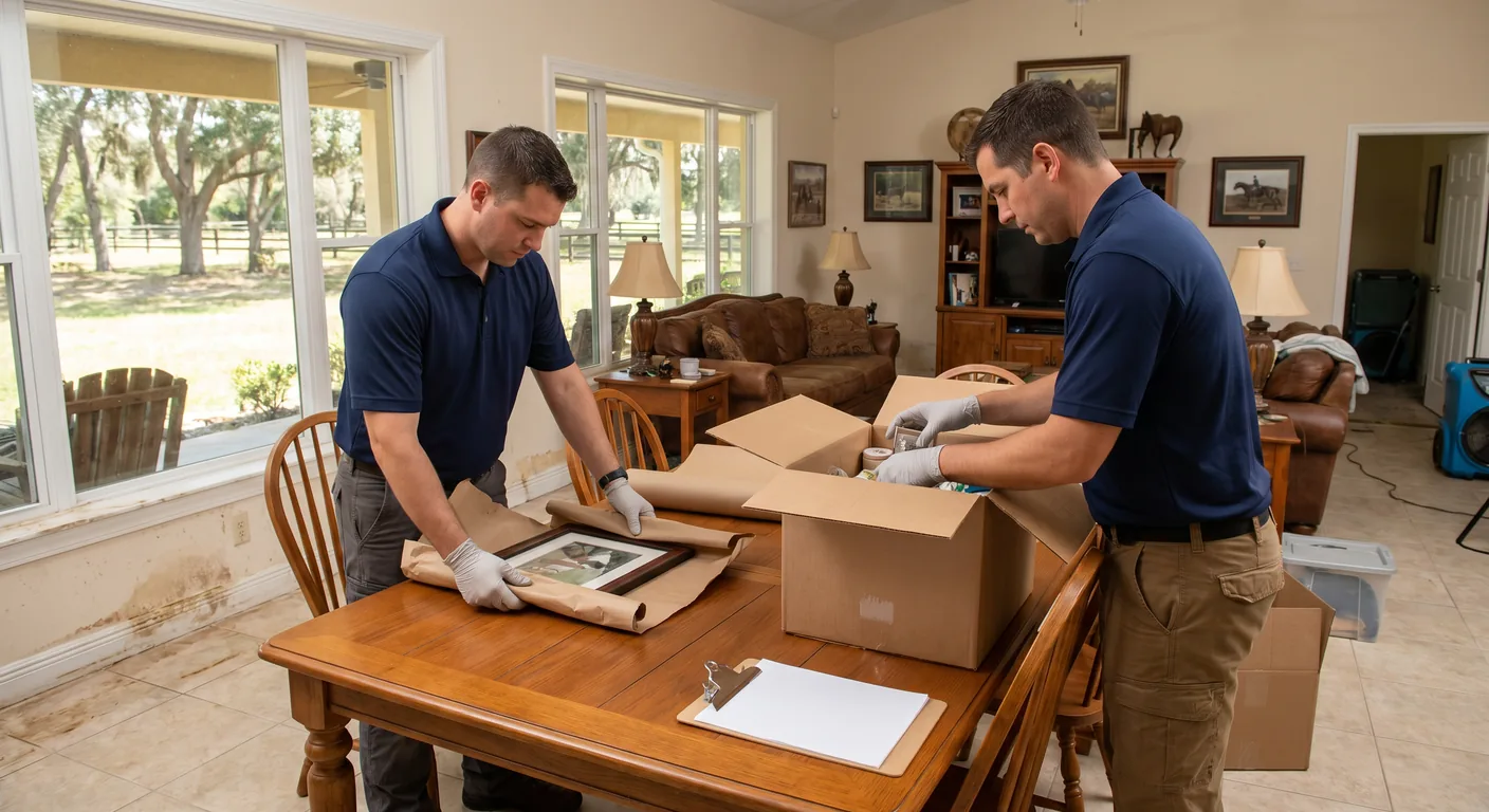 Professional contents restoration pack-out in progress at a Davie Florida estate home showing careful inventory and packing of personal property and furnishings after water damage