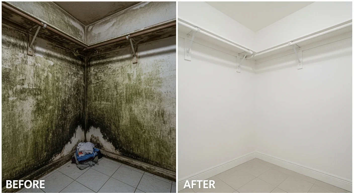Before and after mold remediation in a Davie Florida home closet — severe mold growth removed and wall restored