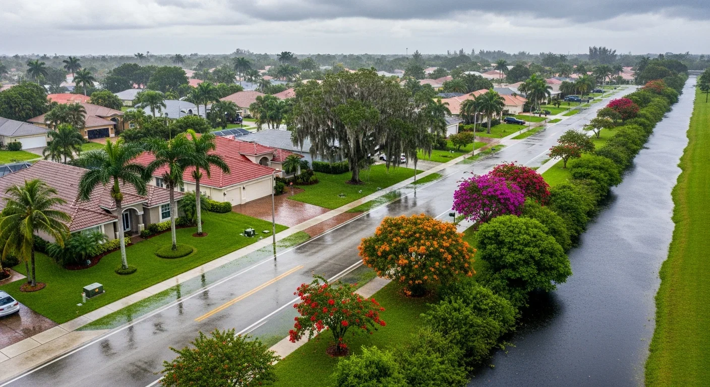 Canal flooding risk in Davie FL residential neighborhood showing standing water adjacent to residential properties after heavy wet-season rainfall