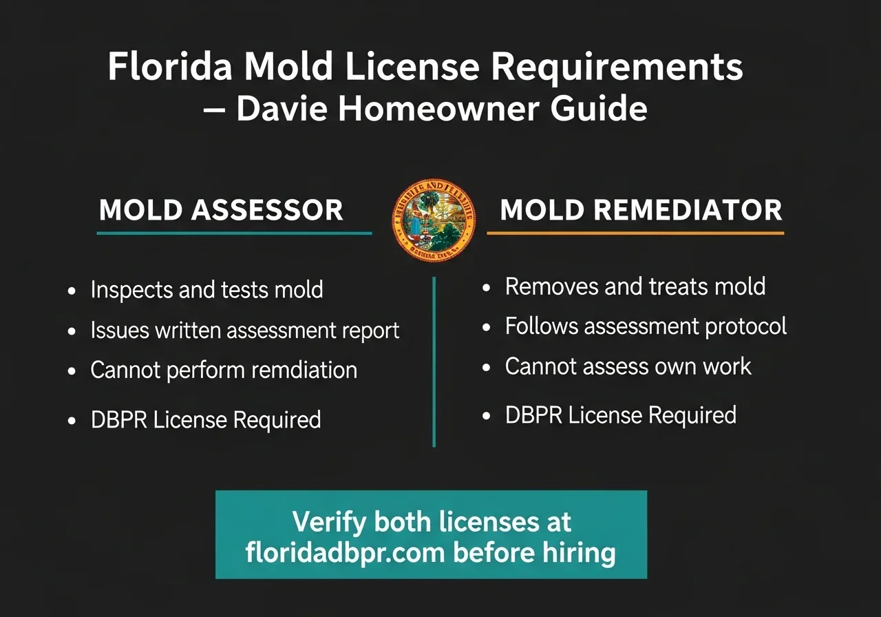 Florida mold license requirements guide for Davie homeowners — DBPR assessor and remediator distinctions under Chapter 468
