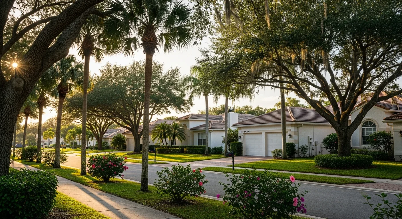 Forest Ridge neighborhood in Davie FL showing 1980s CBS stucco homes with barrel tile roofs typical of western Broward County hurricane country