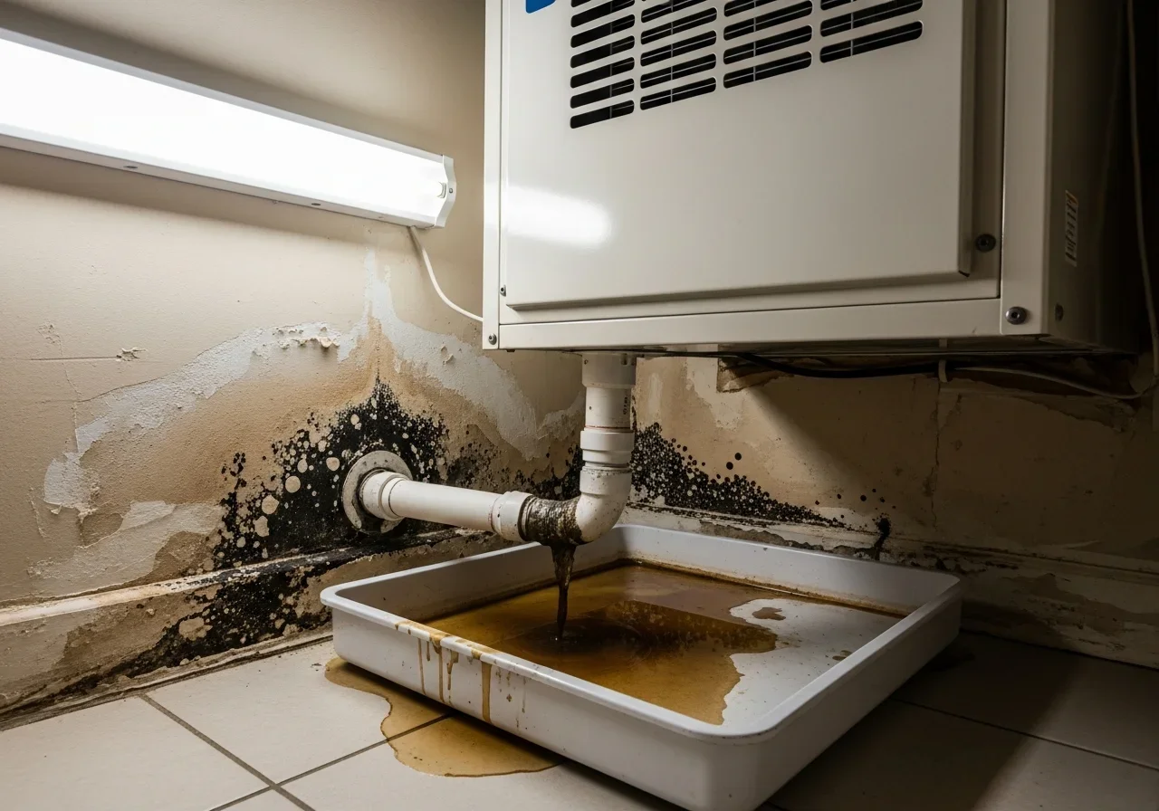 HVAC condensate overflow causing ceiling and wall water damage in a Davie Florida condo or HOA property