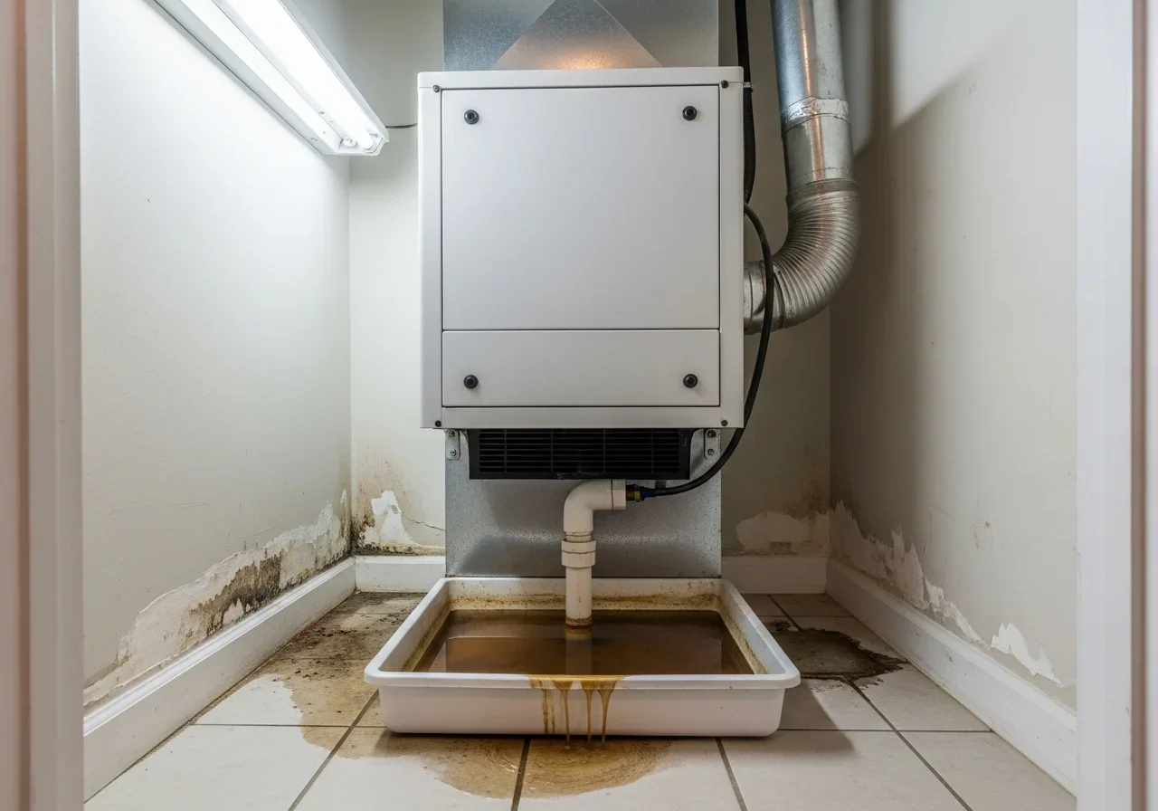 HVAC condensate overflow causing mold growth and water damage in a Davie FL home