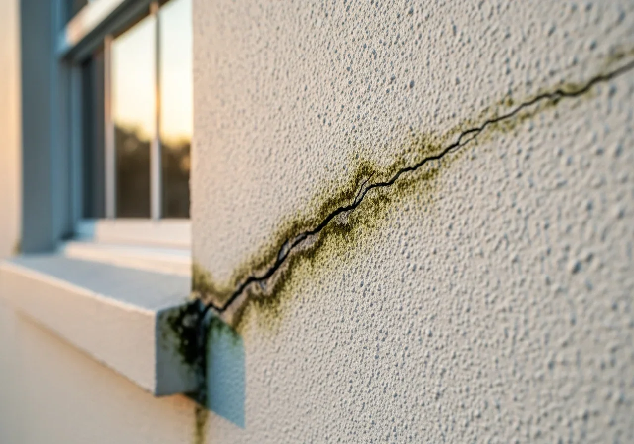 Moisture and hidden-source detection at a stucco crack on a Davie Florida CBS home during a large loss damage assessment