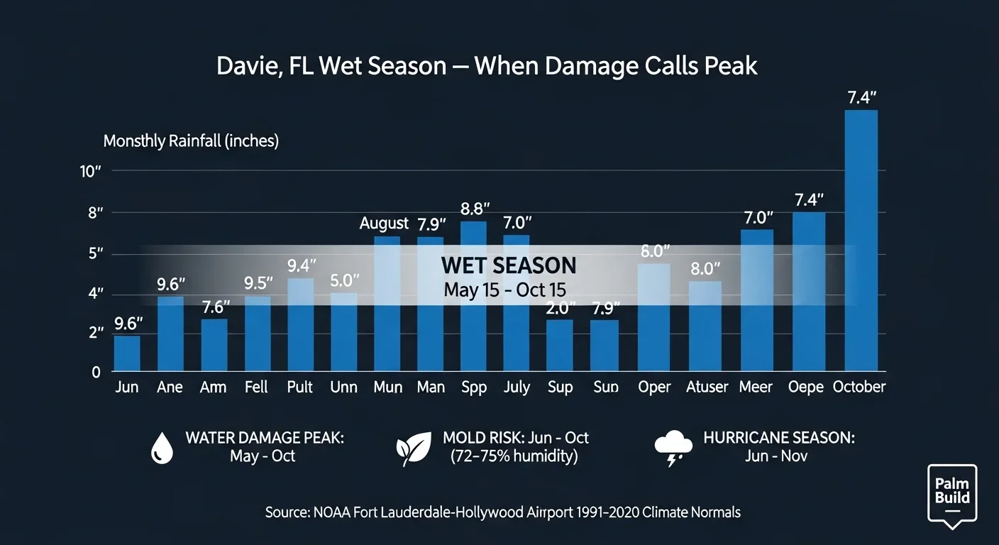 Davie FL wet season and hurricane season risk calendar showing monthly rainfall and storm damage risk timeline for Broward County homeowners