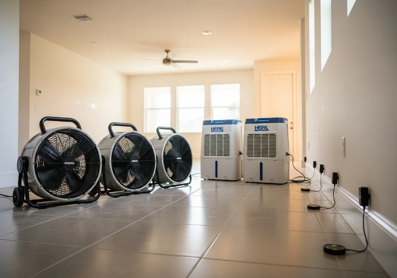 Industrial air movers and dehumidifiers deployed across multiple rooms in a Davie Florida large loss water damage project
