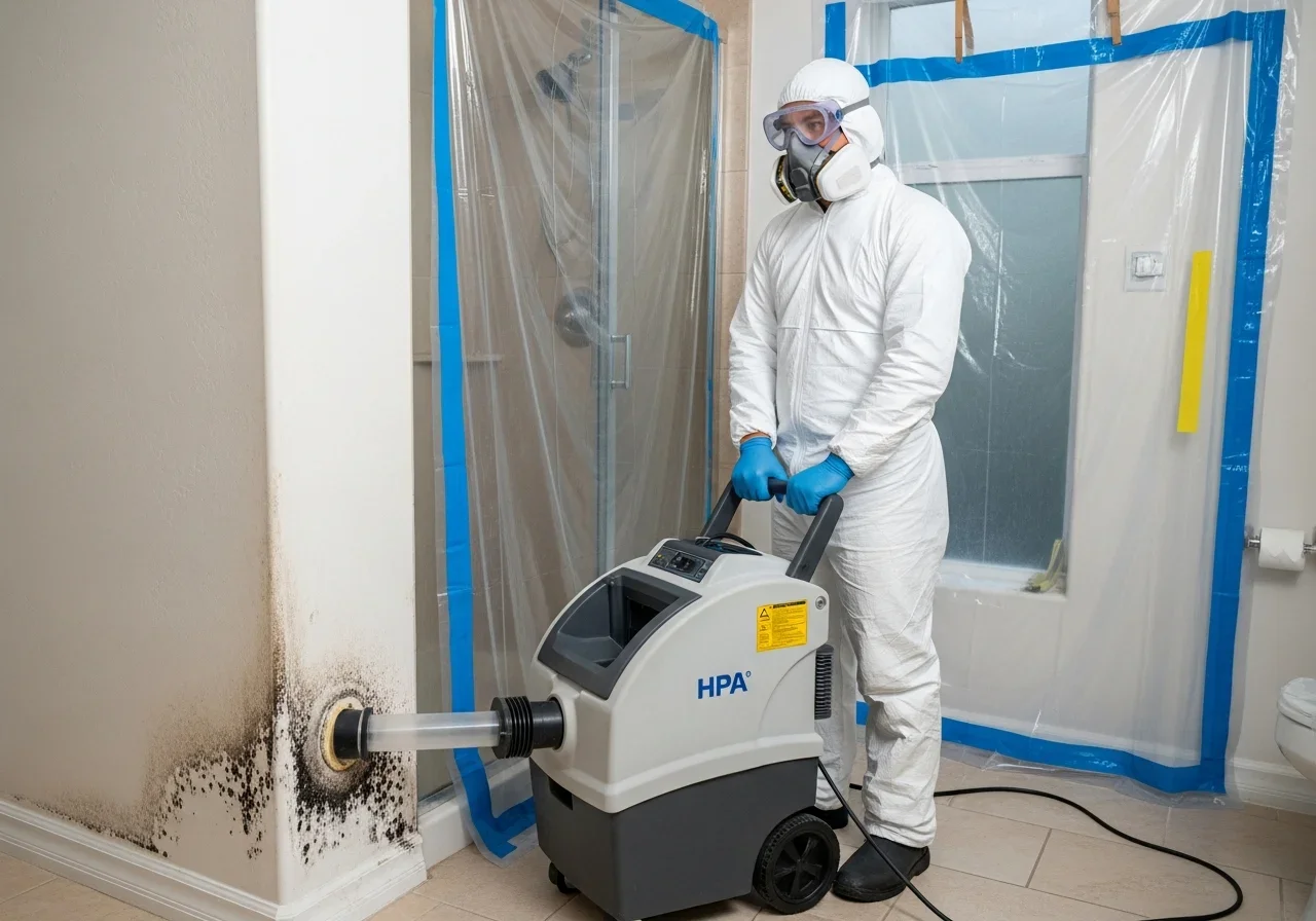 DBPR-licensed Palm Build mold remediation technician in full PPE performing containment in a Davie Florida home