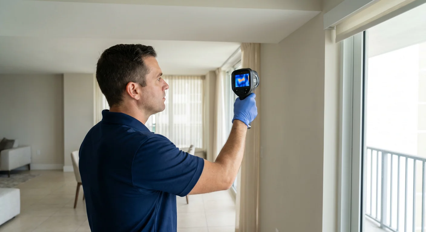 Palm Build technician using thermal imaging camera for moisture detection in a Davie Florida HOA property wall cavity