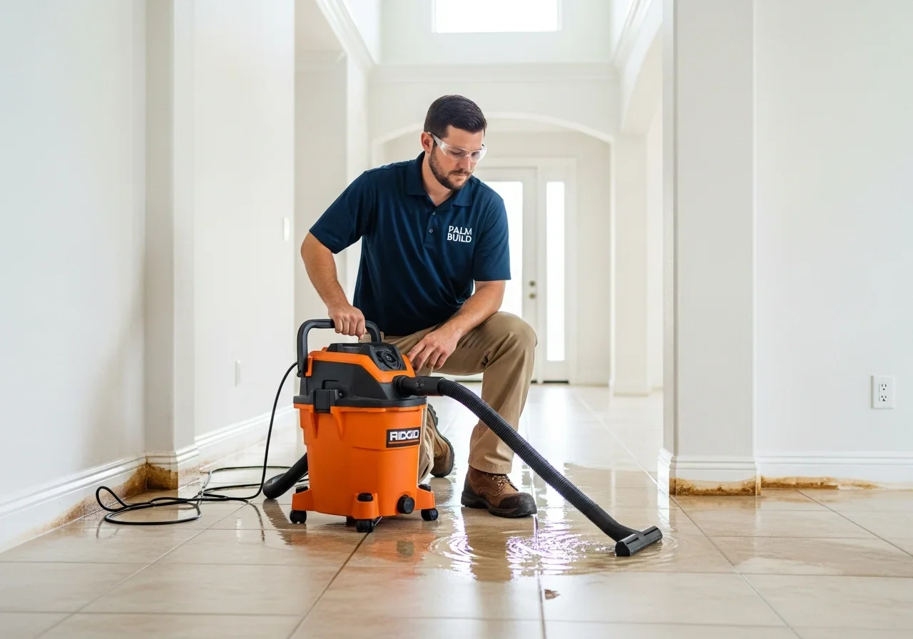 Palm Build technician performing emergency water extraction at a Davie Florida multi-unit property after a condo cascade water event