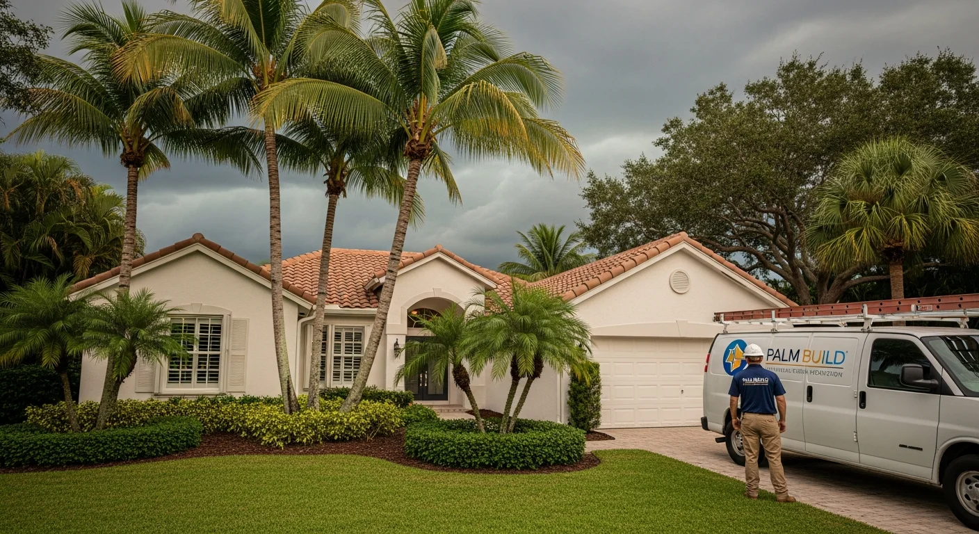 Palm Build restoration van at a CBS stucco home in Davie Florida with barrel tile roof and tropical landscaping during a water damage emergency response
