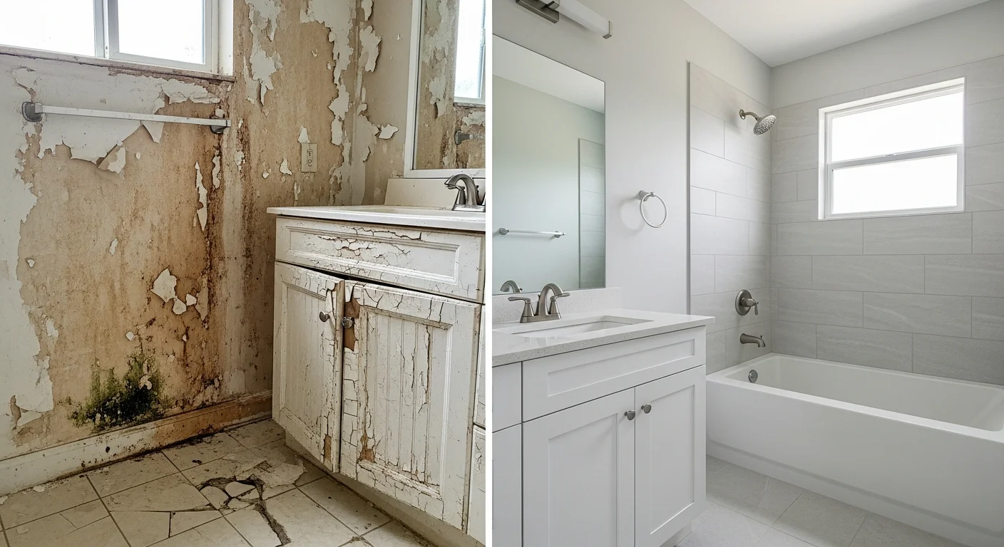 Before and after water damage restoration of a Deerfield Beach Florida bathroom showing complete transformation from water-damaged to fully restored