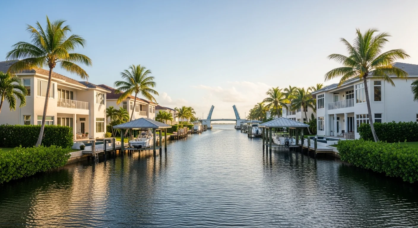 Canal-front homes in The Cove neighborhood of Deerfield Beach FL showing waterfront properties vulnerable to storm surge