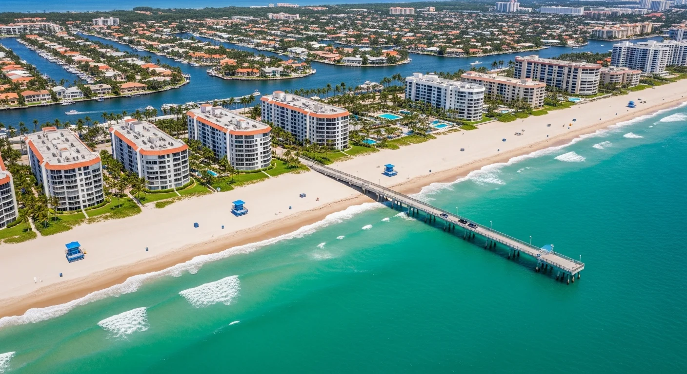 Aerial view of Deerfield Beach FL showing coastline, Intracoastal Waterway, and canal systems creating hurricane surge pathways