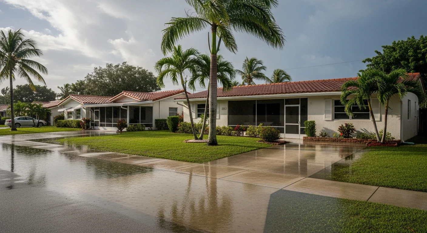 Post-storm flooding in Deerfield Beach FL neighborhood with water covering streets and approaching residential properties