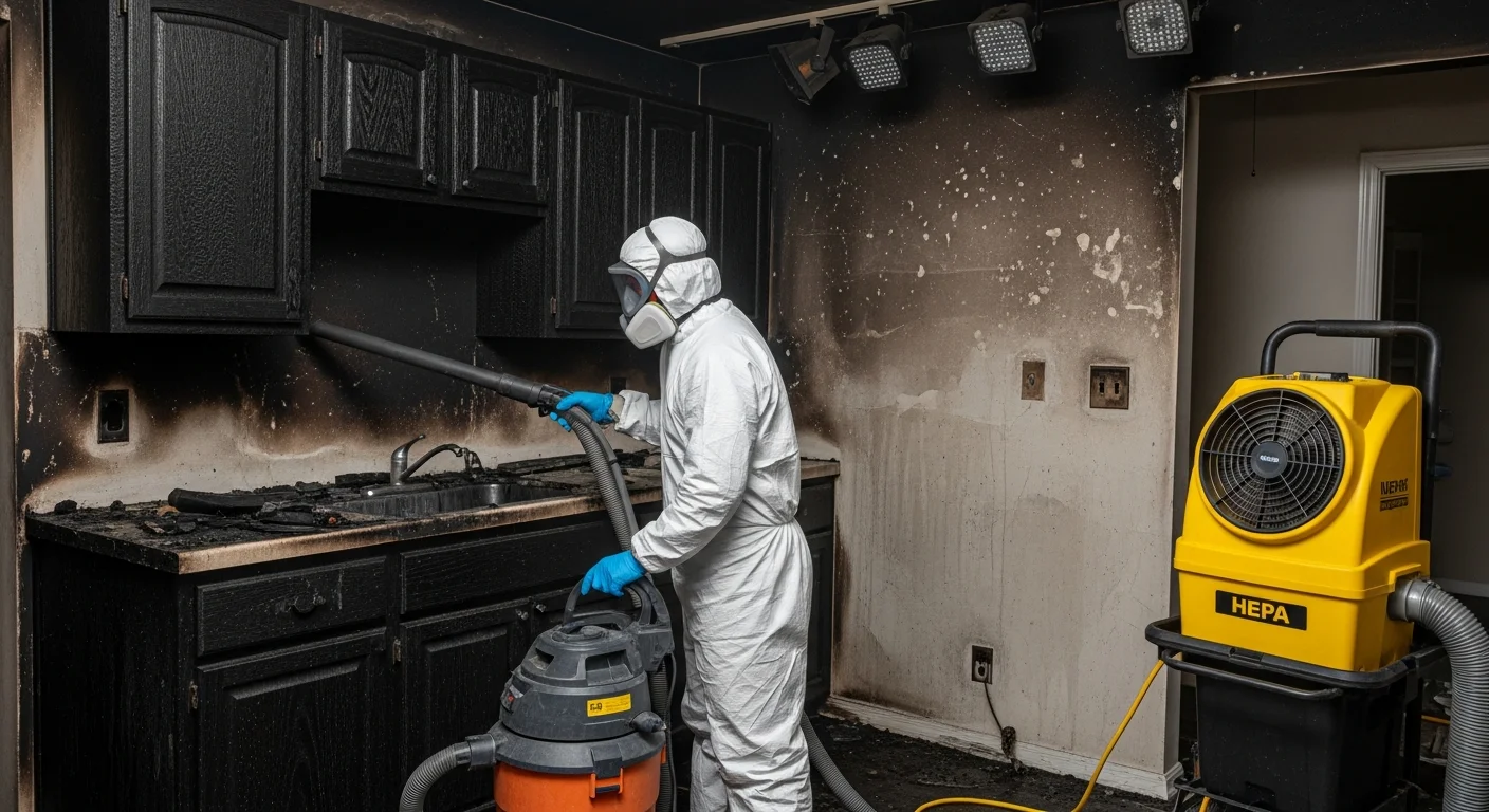 Palm Build fire and smoke damage restoration scene in Deerfield Beach Florida showing CBS stucco home with restoration equipment