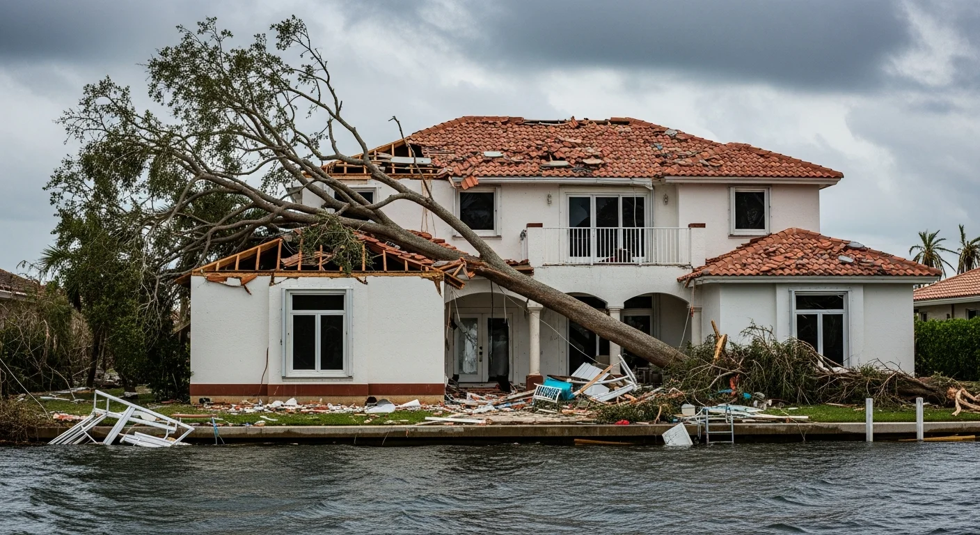 Hurricane storm damage in The Cove neighborhood of Deerfield Beach FL showing wind damage to waterfront residential properties