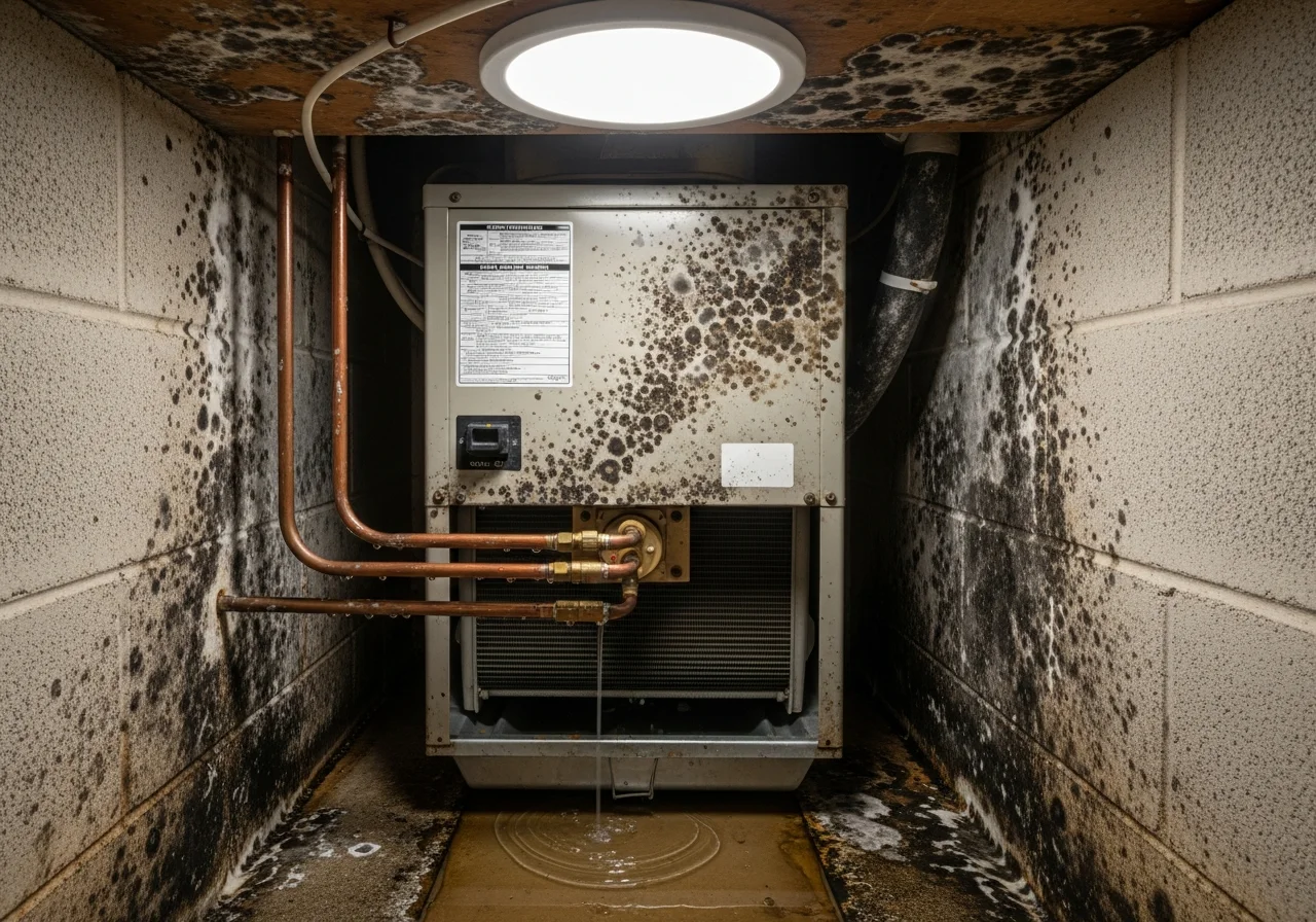 HVAC mold and condensate contamination inside air handler unit in a Deerfield Beach FL home