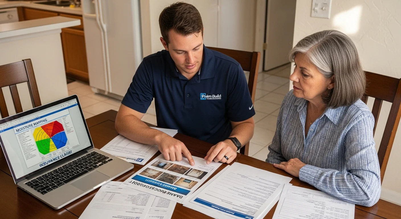 Palm Build project manager reviewing insurance claim documentation with a Deerfield Beach Florida homeowner at their dining table