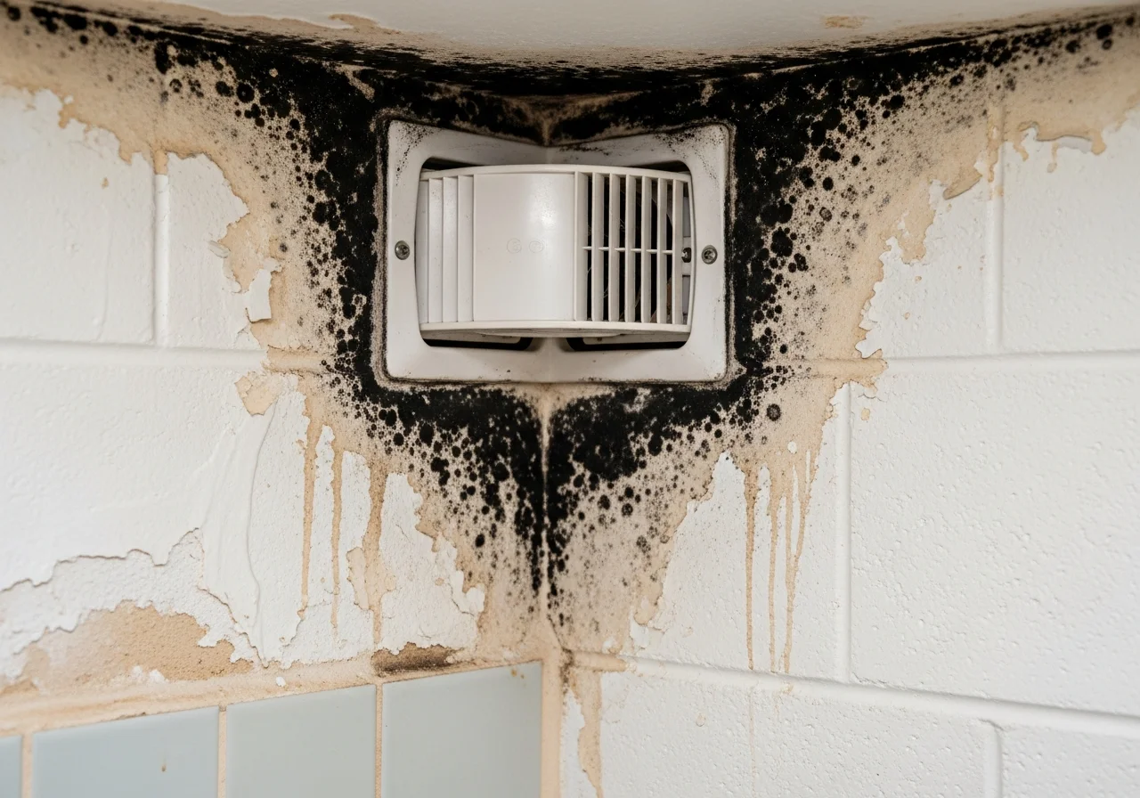 Mold growth on CBS concrete block wall in a Deerfield Beach FL home showing moisture intrusion damage