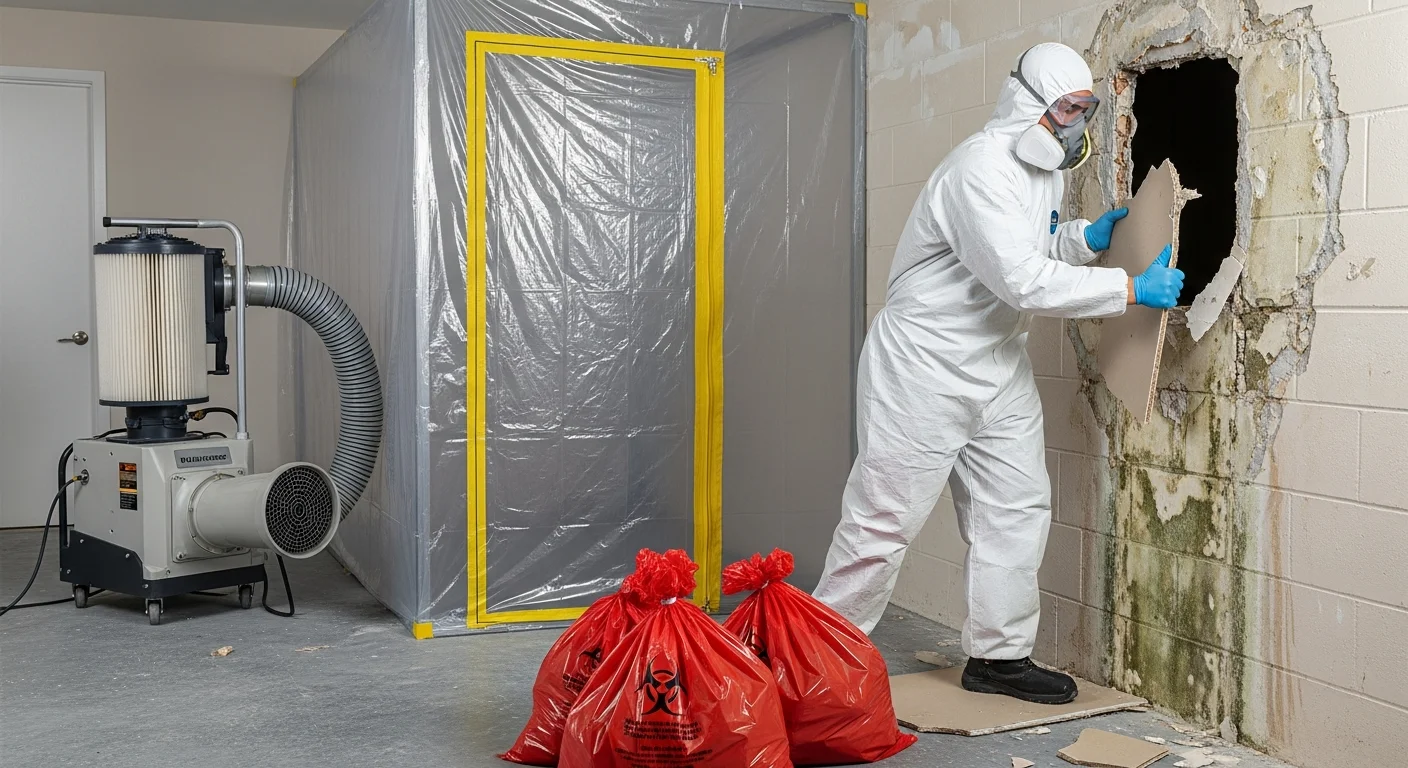 Professional mold remediation containment barrier with HEPA air scrubber setup in Deerfield Beach FL home