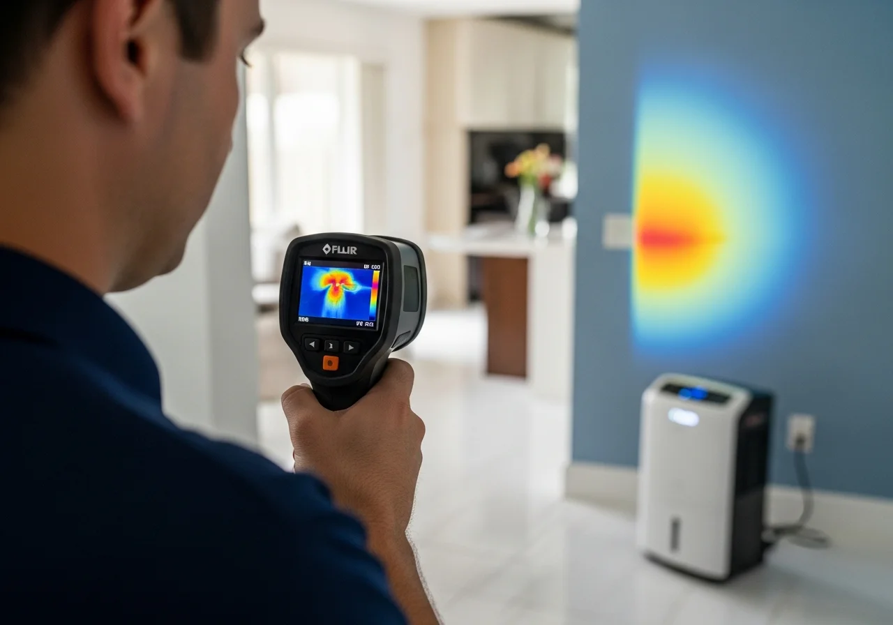 DBPR-licensed mold remediation technician performing thermal moisture detection in a Deerfield Beach FL home