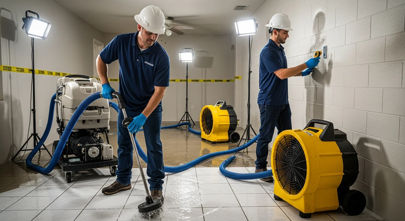 Palm Build technicians performing truck-mounted water extraction on flooded tile floor in a Deerfield Beach Florida home