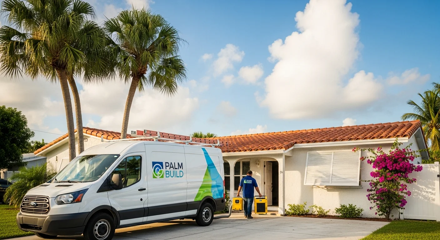 Palm Build restoration truck and team on-site in Deerfield Beach Florida for emergency fire and water damage response