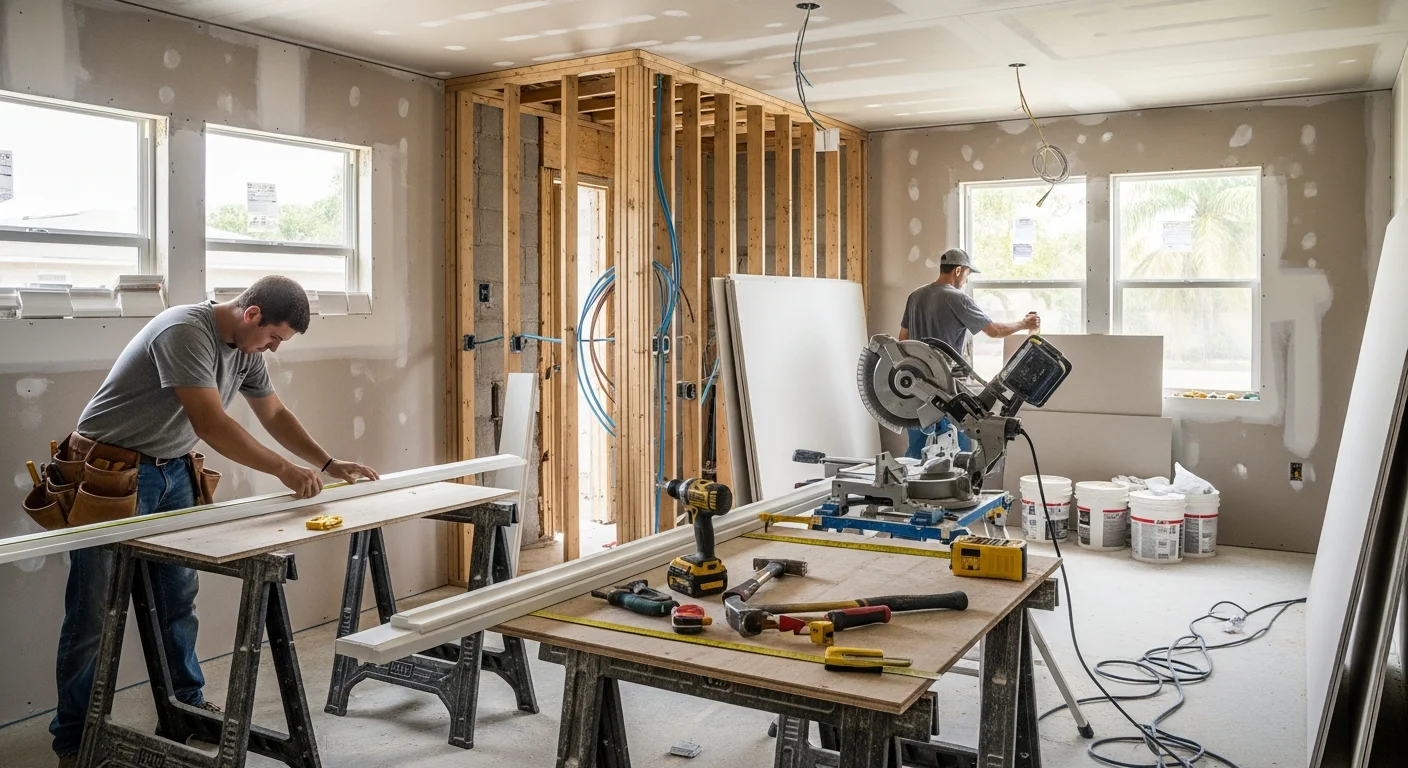 Reconstruction and rebuild work in progress at a fire-damaged Deerfield Beach home with code-compliant upgrades