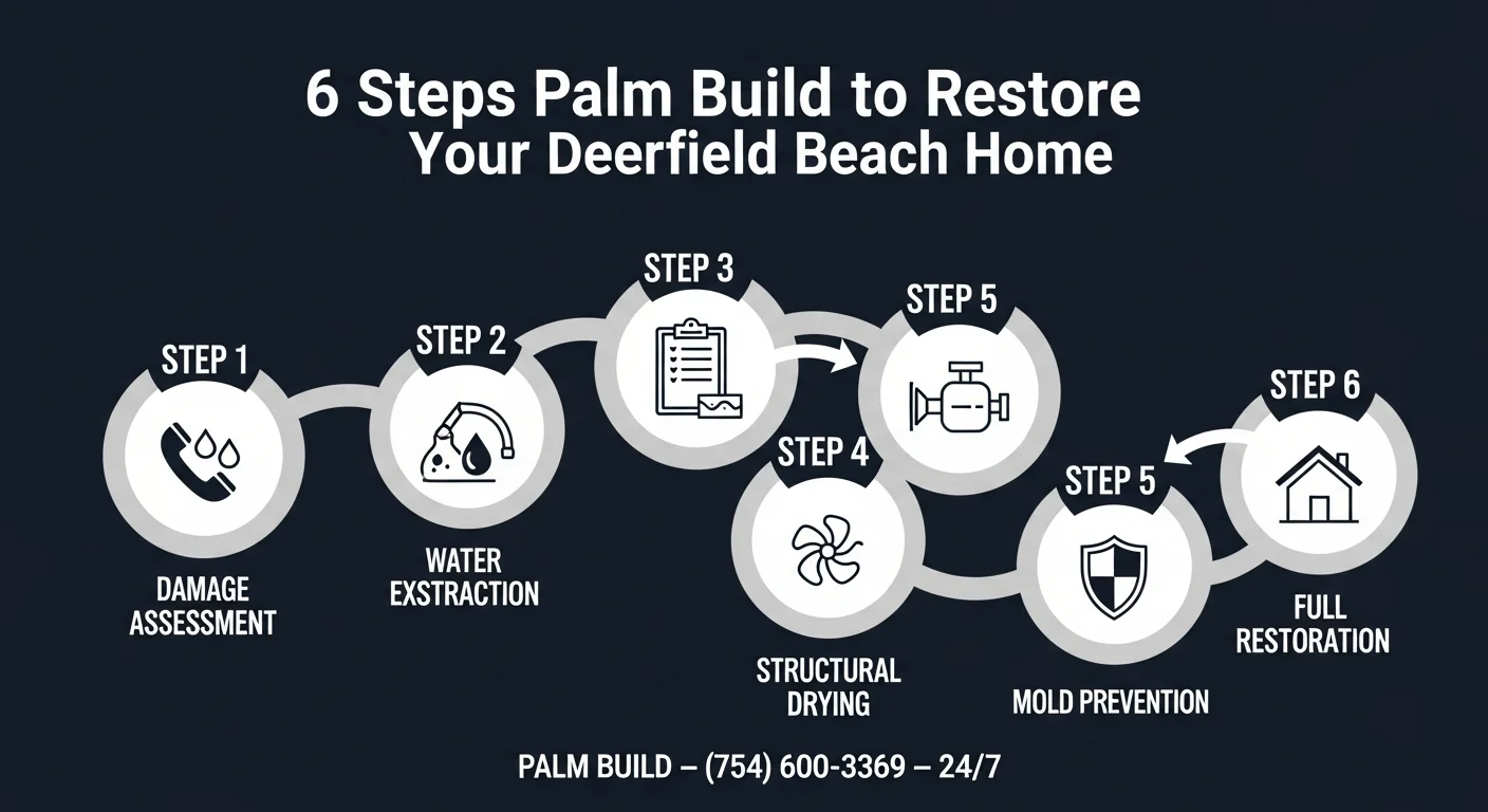 Infographic showing Palm Build's 6-step water damage restoration process for Deerfield Beach FL homes