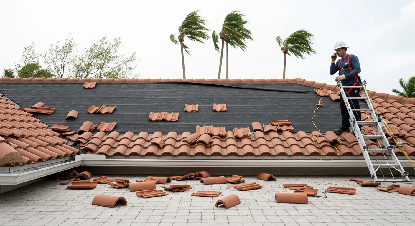 Barrel tile roof wind damage on a Deerfield Beach FL home showing displaced tiles and exposed underlayment after storm