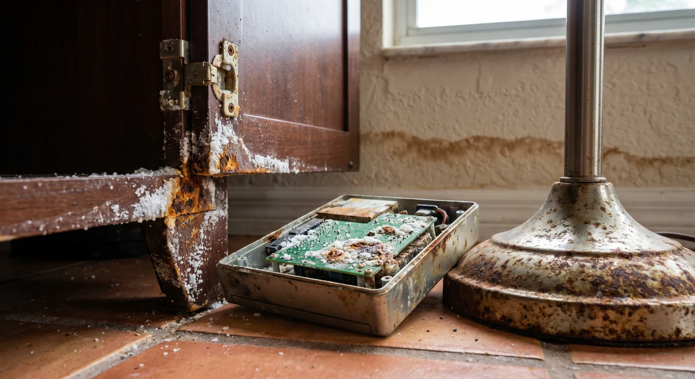 Salt air corrosion damage on metal surfaces and electronics near the Deerfield Beach Florida Atlantic coastline showing how embedded salt crystals cause ongoing deterioration to home contents