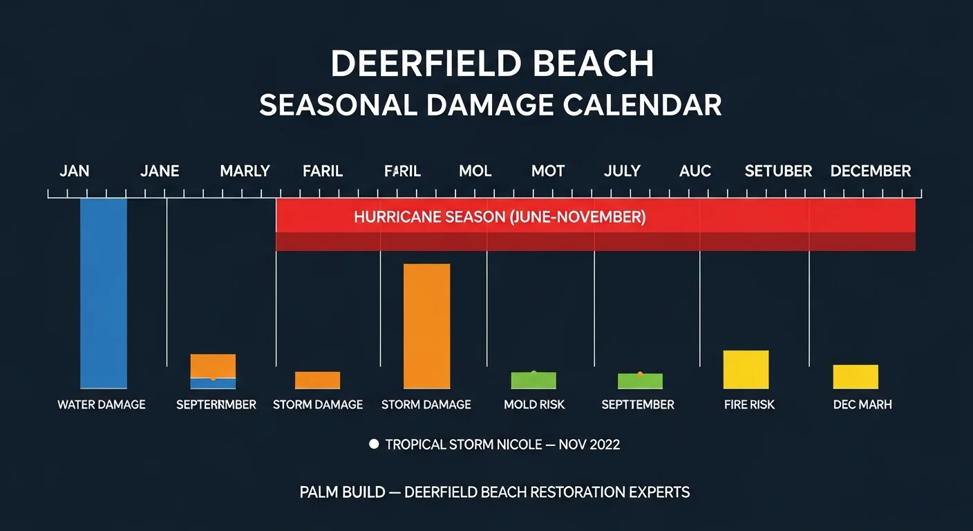 Seasonal storm damage calendar showing hurricane risk timeline for Deerfield Beach FL homeowners
