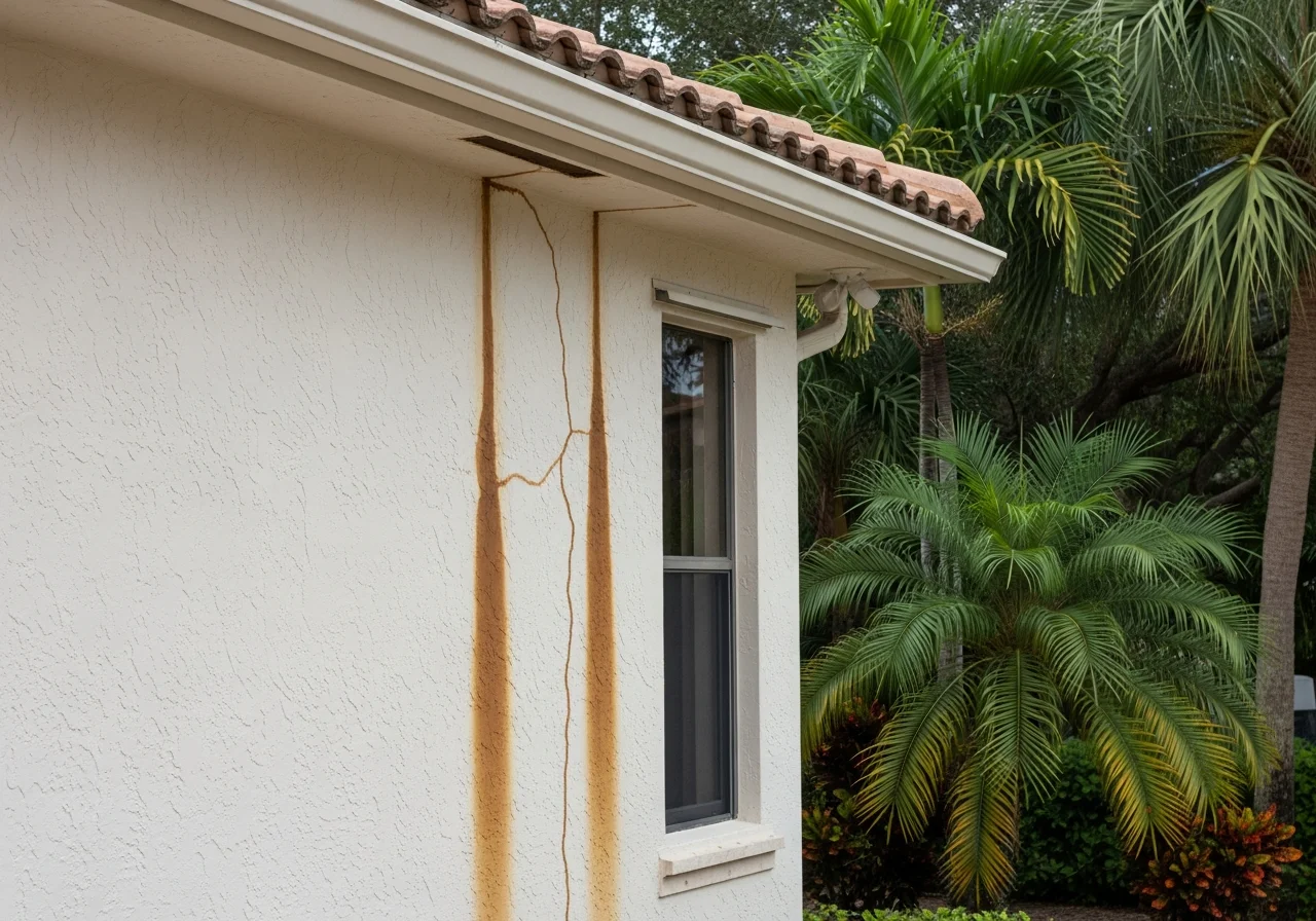 Water staining and moisture damage on exterior CBS stucco wall of a Deerfield Beach Florida home