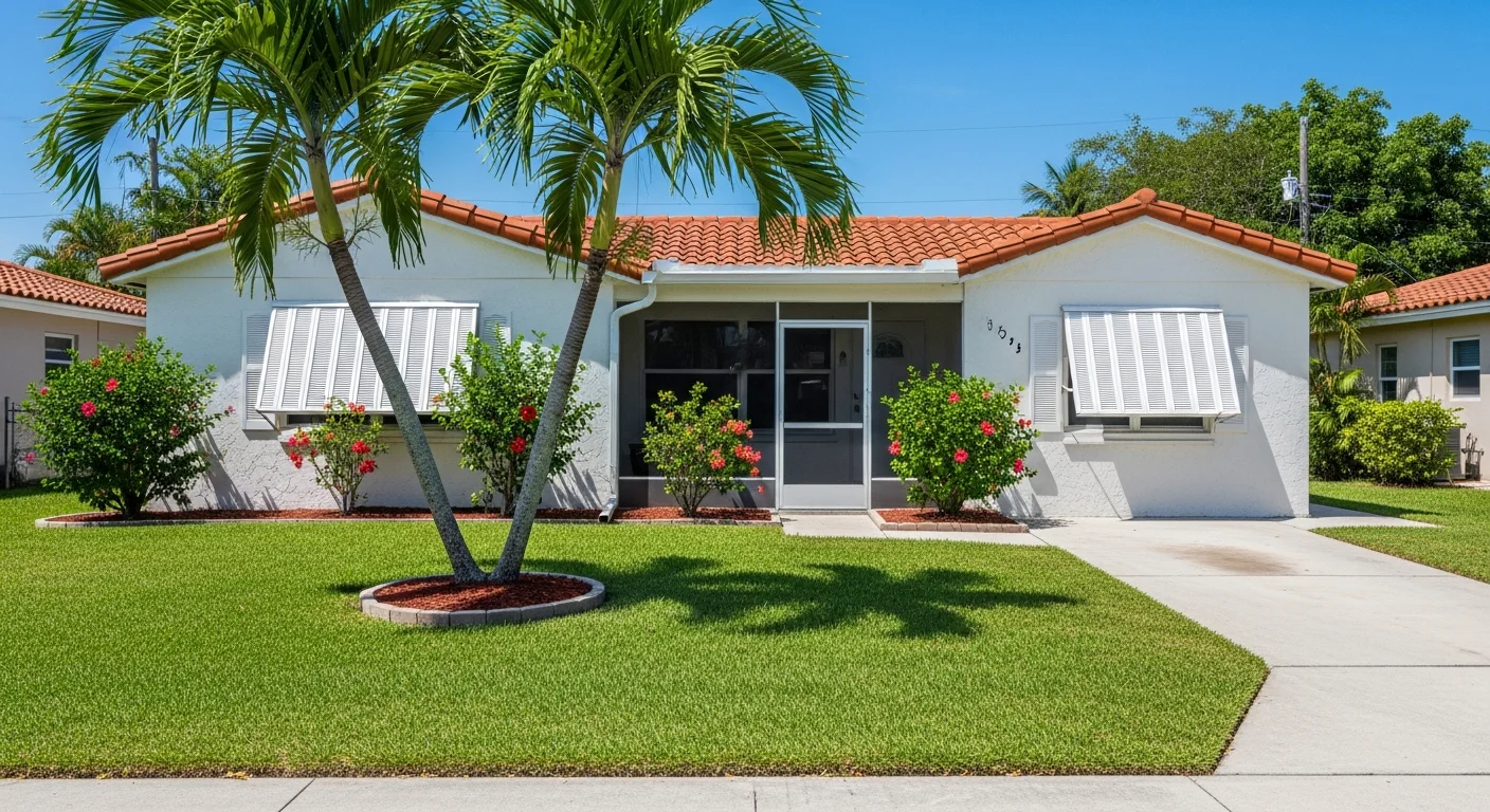 Typical CBS concrete block and stucco ranch home in Deerfield Beach Florida representative of 1950s-70s construction requiring specialized fire restoration