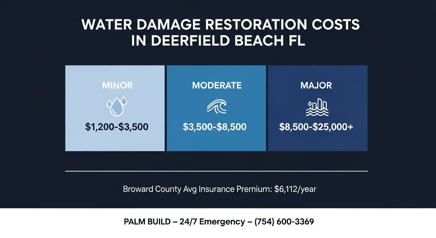Infographic showing water damage restoration cost ranges in Deerfield Beach FL from minor to major damage
