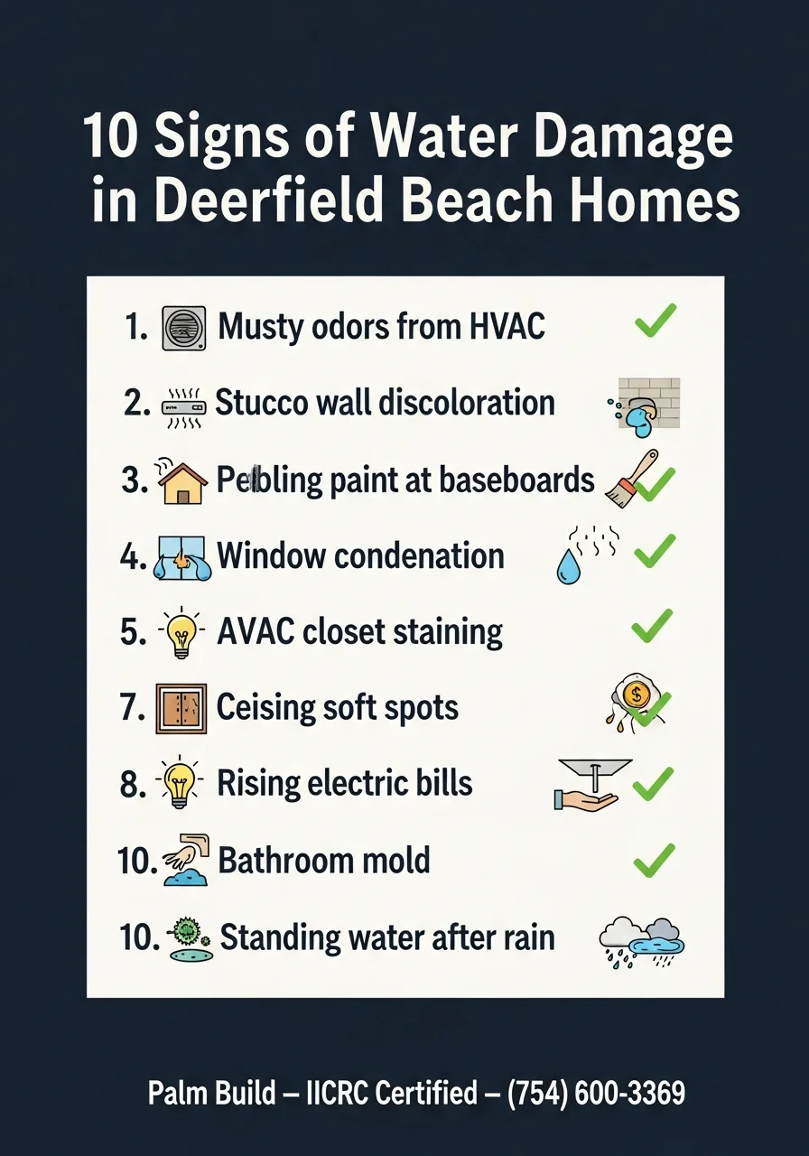 Water damage warning signs checklist for identifying hidden moisture and mold in Deerfield Beach FL