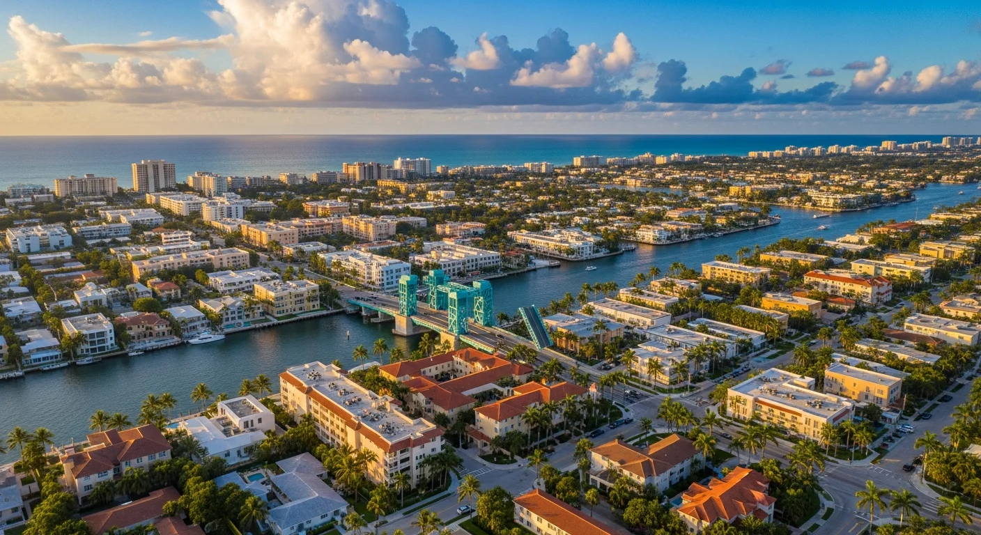 Aerial view of Delray Beach FL showing Intracoastal Waterway and coastal neighborhoods in storm surge evacuation zones