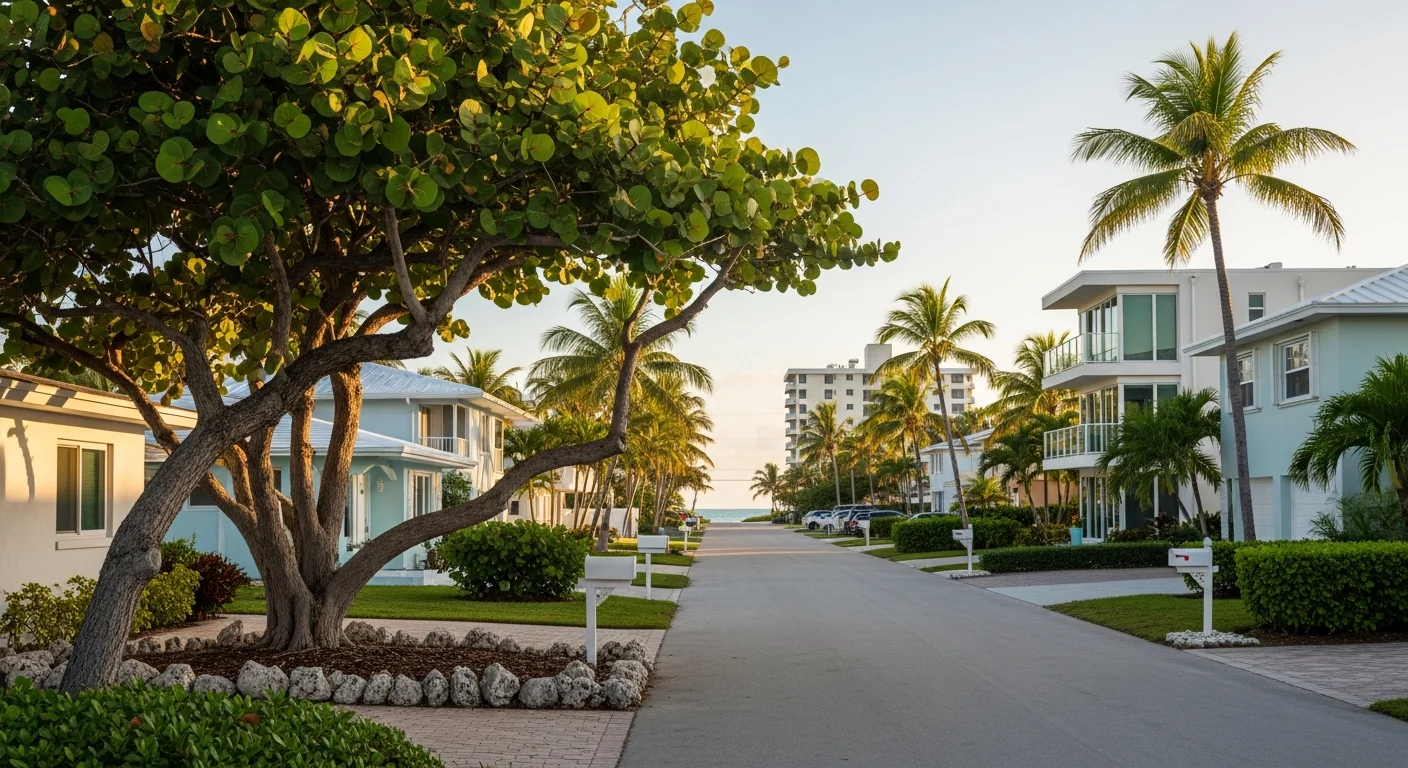 Coastal Delray Beach neighborhood near A1A with mix of older CBS ranch homes and newer contemporary homes with sea grape landscaping