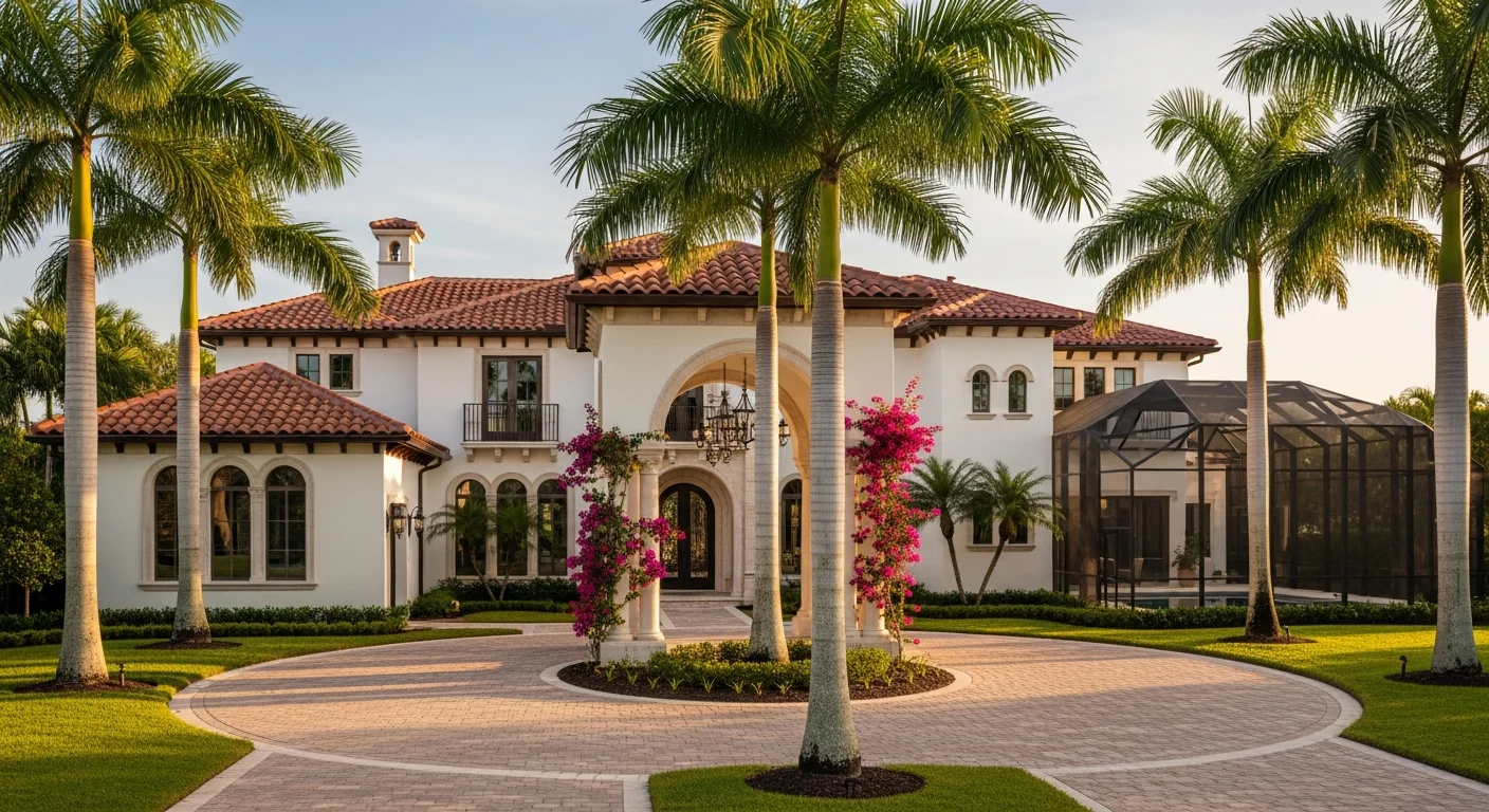 Mediterranean Revival luxury home in Delray Beach FL with barrel tile roof and stucco exterior typical of HOA communities